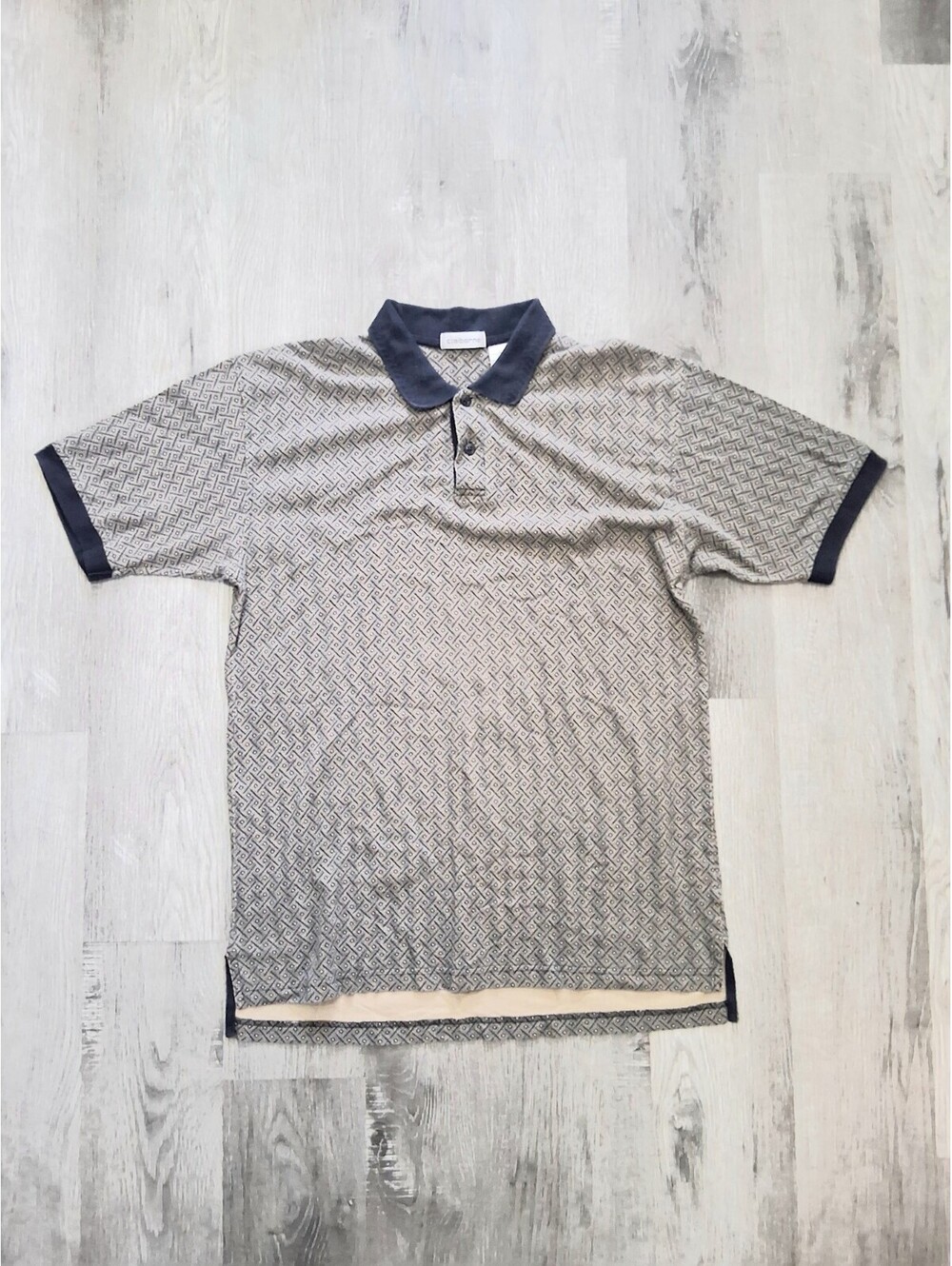 VTG Claiborne Men's Lg Navy/Tan Geometric Diamond Pattern 90s Casual Polo Shirt